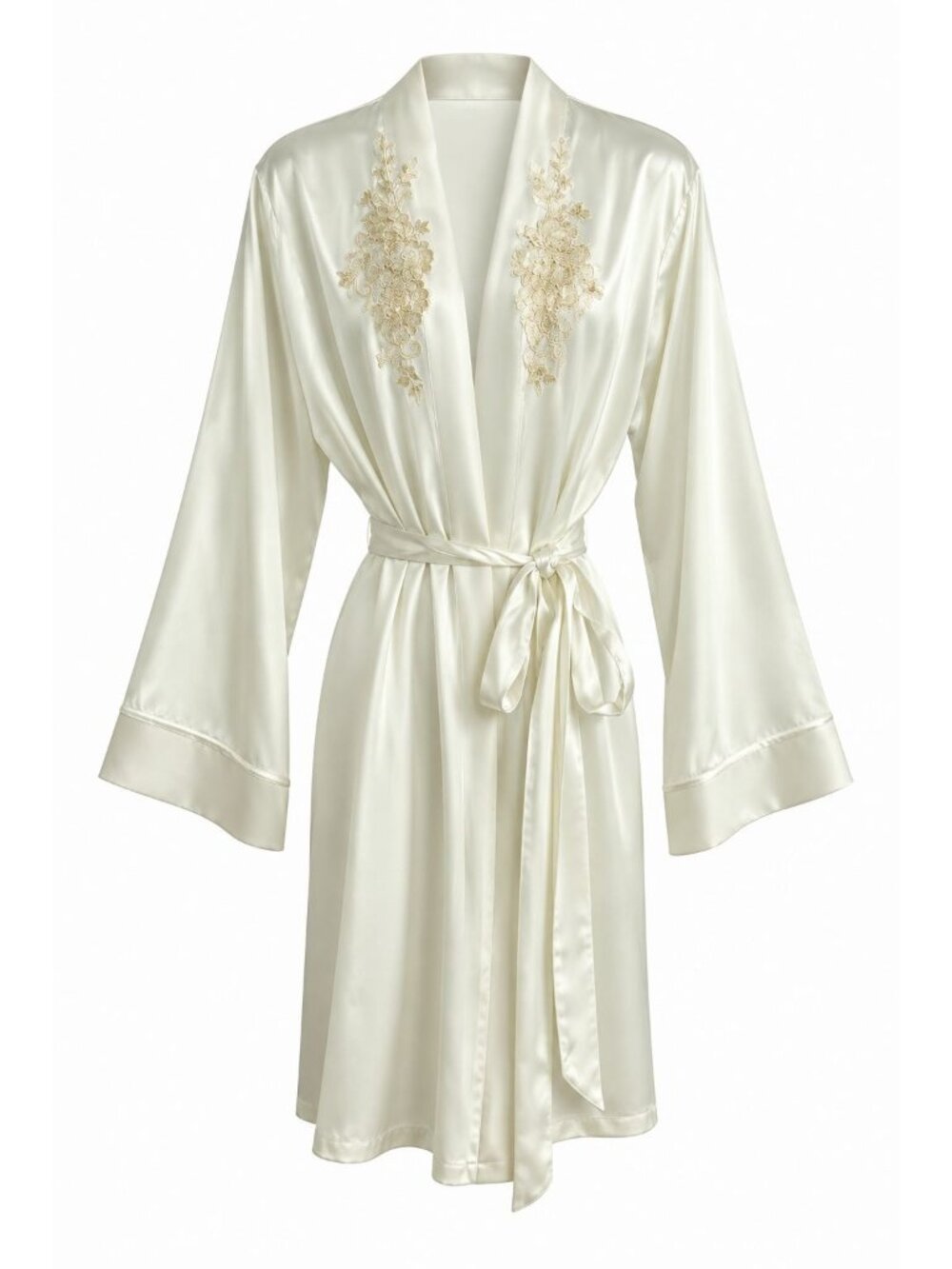 NWD Linea Donatella Satin Lace Trim Robe Sz S/M Ivory Long Sleeve Wrap Kimono